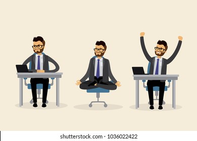 Caucasian businessman is sitting in the workplace in various poses,flat vctor illustration
