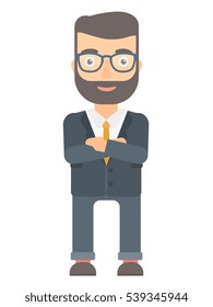 Caucasian businessman standing with arms crossed. Confident businessman with folded arms. Hipster businessman standing with folded arms. Vector flat design illustration isolated on white background.