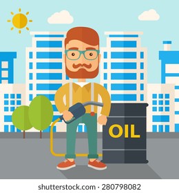 A caucasian businessman standing beside the oil can with pump infornt of the buildings. A Contemporary style with pastel palette, soft blue tinted background with desaturated clouds. Vector flat