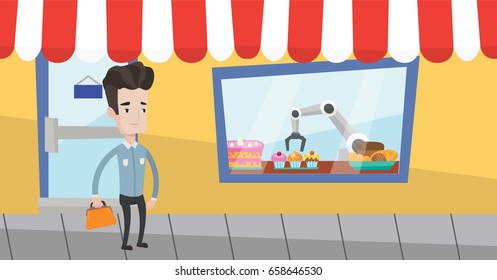 Caucasian businessman standing in front of showcase of bakery shop where the robotic arm works. Robotic arm serving a dessert at the bakery shop. Vector flat design illustration. Horizontal layout.