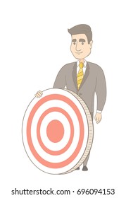 Caucasian businessman standing near a dart board. Young businessman and a dart board. Business competition and business goal concept. Vector sketch cartoon illustration isolated on white background.