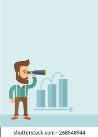 A Caucasian businessman standing using binocular to look over the graph that shows increasing in slaes. Growing business concept. A contemporary style with pastel palette, soft blue tinted background