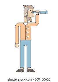 A Caucasian businessman standing using binocular to look over the graph that shows increasing in sales. Growing business concept. A Contemporary style. Vector flat design illustration isolated white
