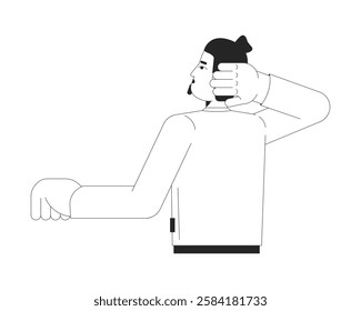 Caucasian businessman thinking and rubbing back of head black and white 2D line character. Corporate man in thoughtful pose isolated vector outline person. Monochromatic spot illustration