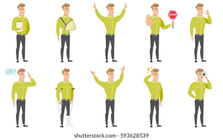 Caucasian businessman wearing an arm brace. Businessman with broken arm in sling. Full length of business man with broken arm. Set of vector flat design illustrations isolated on white background.