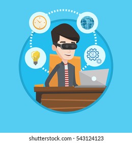 Caucasian businessman wearing virtual reality headset and working on computer. Businessman using virtual reality device in office. Vector flat design illustration in the circle isolated on background.