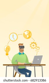Caucasian businessman wearing virtual reality headset and working on a computer. Young smiling businessman using virtual reality device in the office. Vector cartoon illustration. Vertical layout.