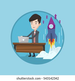 Caucasian businessman working on business start up and business start up rocket taking off behind him. Business start up concept. Vector flat design illustration in the circle isolated on background. Caucasian businessman working on business start up and business start up rocket taking off behind him. Business start up concept. Vector flat design illustration in the circle isolated on background.