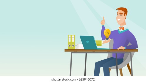 Caucasian businessman working on his laptop with business idea bulb. Cheerful businessman having business idea. Successful business idea concept. Vector flat design illustration. Horizontal layout.