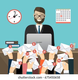 Caucasian businessman working on laptop with email and many hands holding envelopes messages. Email concept. Businessman receiving email. Vector flat design illustration.