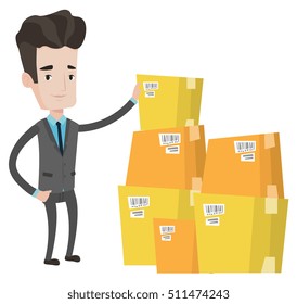 Empresario caucásico trabajando en un almacén. Empresario marcando las cajas en el almacén. Empresario en almacén preparando mercancías para su envío. Ilustración de diseño plana de vectores aislada en fondo blanco