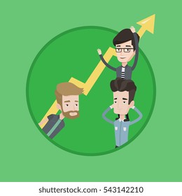Caucasian businessmen holding zigzag growth graph. Business people with growth graph. Concept of partnership and growth graph. Vector flat design illustration in the circle isolated on background.