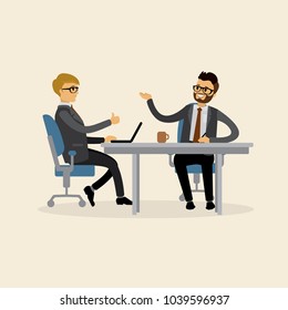 Caucasian businessmen or office workers,male from different sides,teamwork or consulting,flat vector illustration