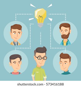 Caucasian businessmen working on business ideas. Businessmen discussing business idea. Group of young businessmen connected by one idea light bulb. Vector flat design illustration. Square layout.