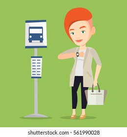 Caucasian businesswoman with briefcase waiting at the bus stop. Young businesswoman standing at the bus stop. Woman looking at her watch at the bus stop. Vector flat design illustration. Square layout