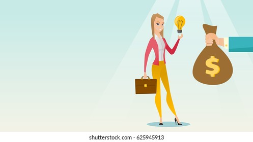 Caucasian businesswoman exchanging her business idea light bulb to money bag. Woman selling her business idea. Concept of successful business idea. Vector flat design illustration. Horizontal layout.