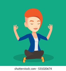 Caucasian businesswoman with eyes closed meditating in yoga lotus position. Businesswoman relaxing in the yoga lotus position. Businesswoman doing yoga. Vector flat design illustration. Square layout.