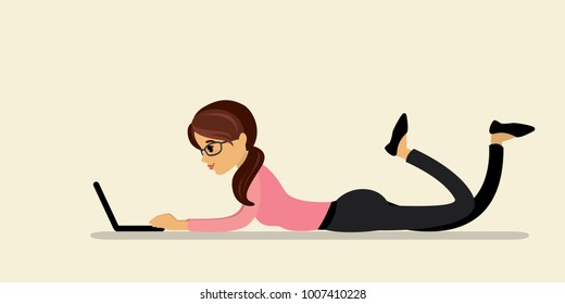 Caucasian businesswoman or freelancer lies and works on a laptop,flat vector illustration