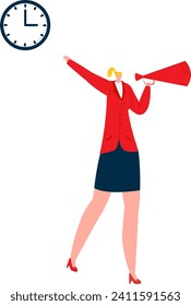 Caucasian businesswoman with megaphone and clock. Female leader in red jacket motivational speaking. Time management and announcement vector illustration.