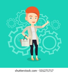 Caucasian businesswoman pointing finger up because she came up with business idea. Businesswoman having business idea. Successful business idea concept. Vector flat design illustration. Square layout