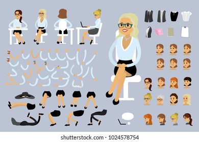 Caucasian businesswoman sitting constructor,human template avatars or characters,isolated on white background,flat vector illustration