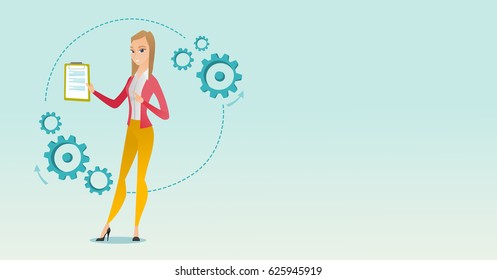 Caucasian businesswoman using clipboard for business presentation. Young business woman giving business presentation. Business presentation concept. Vector flat design illustration. Horizontal layout.