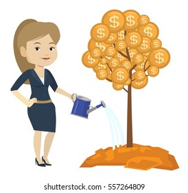 Caucasian businesswoman watering money tree. Businesswoman investing money in business project. Concept of investment money in business. Vector flat design illustration isolated on white background.