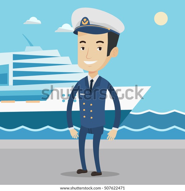 海とクルーズ船の背景にコーカサスの船長 海岸の背景に制服を着た笑顔の船長 港に立つ船長 ベクターフラットデザインイラスト 正方形のレイアウト のベクター画像素材 ロイヤリティフリー
