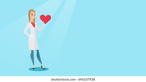 Caucasian cardiologist in medical coat showing a heart. Doctor cardiologist holding a heart. Concept of health care and prevention of heart problems. Vector flat design illustration. Horizontal layout