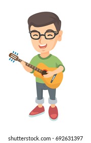 Caucasian cheerful boy in glasses singing and playing the acoustic guitar. Full length of happy boy with a guitar. Vector sketch cartoon illustration isolated on white background.