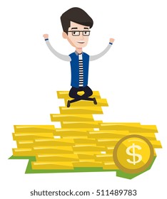 Caucasian cheerful businessman sitting on stack of golden coins. Businessman sitting on a pile of golden coins. Businessman on gold coins. Vector flat design illustration isolated on white background.