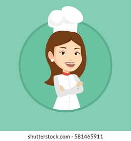 Caucasian cheerful chef in uniform and hat standing with arms crossed. Young caucasian chef. Full length of confident female chef. Vector flat design illustration in the circle isolated on background.