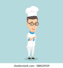 Caucasian cheerful chief cook in uniform and hat standing with arms crossed. Young caucasian chef cook. Full length of confident male chief cook. Vector flat design illustration. Square layout.