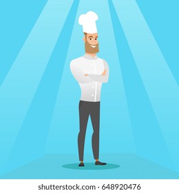 Caucasian cheerful chief cook in uniform and hat standing with arms crossed. Young caucasian chef cook. Full length of confident hipster chief cook. Vector flat design illustration. Square layout.