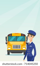 Caucasian cheerful female school bus driver standing on the background of yellow bus. Smiling school bus driver in uniform. Cheerful school bus driver. Vector cartoon illustration. Vertical layout.