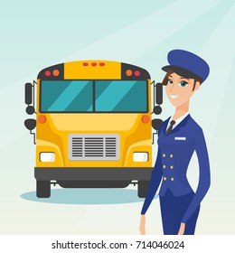 Caucasian cheerful female school bus driver standing on the background of yellow bus. Smiling school bus driver in uniform. Cheerful school bus driver. Vector cartoon illustration. Square layout.