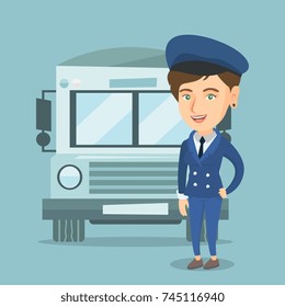 Caucasian cheerful female school bus driver standing on the background of bus. Smiling school bus driver in uniform. Full length of happy school bus driver. Vector cartoon illustration. Square layout.