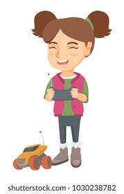 Caucasian cheerful girl playing with a radio-controlled car. Girl holding remote control and playing with the electric car. Vector sketch cartoon illustration isolated on white background.