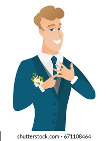 Caucasian cheerful groom showing golden ring on his finger. Young joyful groom with wedding ring on a finger. Vector flat design illustration isolated on white background.