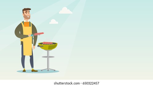Caucasian cheerful man cooking steak on the barbecue grill outdoor. Smiling man preparing steak on the barbecue grill. Man having outdoor barbecue. Vector flat design illustration. Horizontal layout.