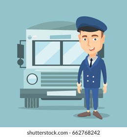 Caucasian cheerful school bus driver standing in front of yellow bus. Smiling school bus driver in uniform. Cheerful school bus driver. Vector flat design illustration. Square layout.