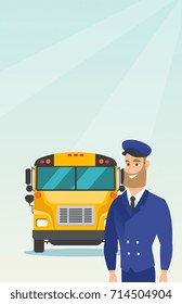 Caucasian cheerful school bus driver standing on the background of yellow bus. Smiling hipster school bus driver in uniform. Cheerful school bus driver. Vector cartoon illustration. Vertical layout.