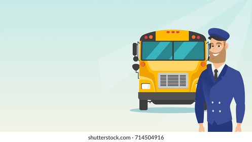 Caucasian cheerful school bus driver standing on the background of yellow bus. Smiling hipster school bus driver in uniform. Cheerful school bus driver. Vector cartoon illustration. Horizontal layout.