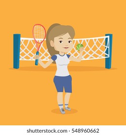 Caucasian cheerful sportswoman playing tennis. Smiling tennis player standing on the court. Happy female tennis player holding a racket and a ball. Vector flat design illustration. Square layout.