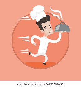 Chef caucásico con gorra y uniforme blanco corriendo. Joven y alegre chef llevando un velo. Chef sonriente corriendo rápido con un clavo. Ilustración de diseño plana vectorial en el círculo aislado en el fondo.