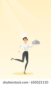 Caucasian chef cook in the cap and white uniform running. Young cheerful chef cook holding a cloche. Smiling chef cook fast running with a cloche. Vector flat design illustration. Vertical layout.