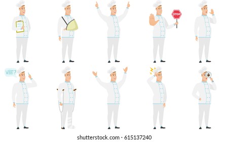 Caucasian chef cook holding clipboard with documents. Full length of chef with documents. Chef cook in uniform holding documents. Set of vector flat design illustrations isolated on white background.