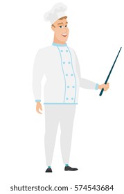 Caucasian chef cook holding a pointer stick. Full length of young chef cook with pointer stick. Chef cook pointing with pointer stick. Vector flat design illustration isolated on white background.