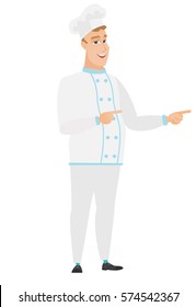 Caucasian chef cook indicating with two fingers to the side. Full length of cheerful chef cook pointing with two fingers to the side. Vector flat design illustration isolated on white background.