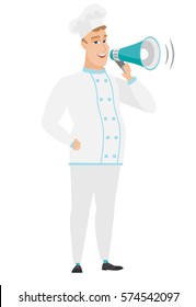 Caucasian chef cook with a loudspeaker making an announcement. Full length of chef cook making an announcement through a loudspeaker. Vector flat design illustration isolated on white background.